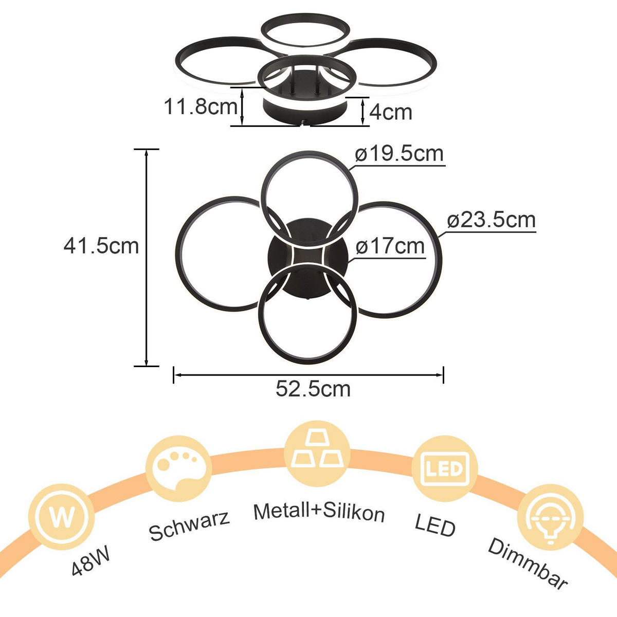 LED-DECKENLEUCHTE Madison 41.5/52.5/11.8cm - Schwarz, Metall (52.5/41.5/11.8cm) - Nettlife