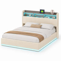 POLSTERBETT 140/190 cm mit beleuchteten Ablagefächern am Kopfteil, USB-Anschluss, Sockel-LED-Beleuchtung & Stauraumbettkasten mit Hydraulik - Beige, Holz/Metall (140/190cm) - Joyfair
