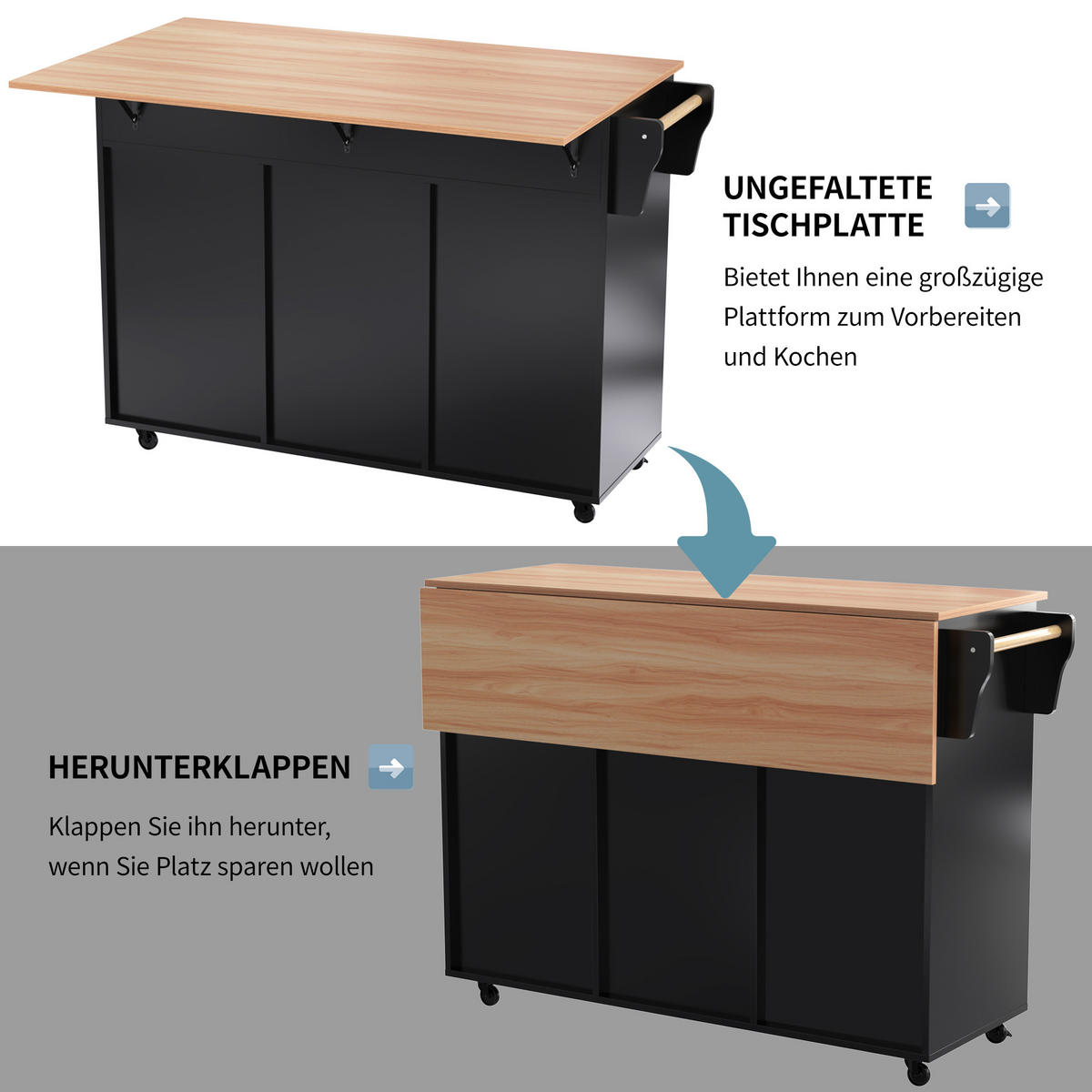 KÜCHENINSELWAGEN 129x71x91.5cm Schwarz Spanplatte mit Falttisch & Schubladen - Schwarz, Holzwerkstoff (129/91.5/71cm) - Modfu