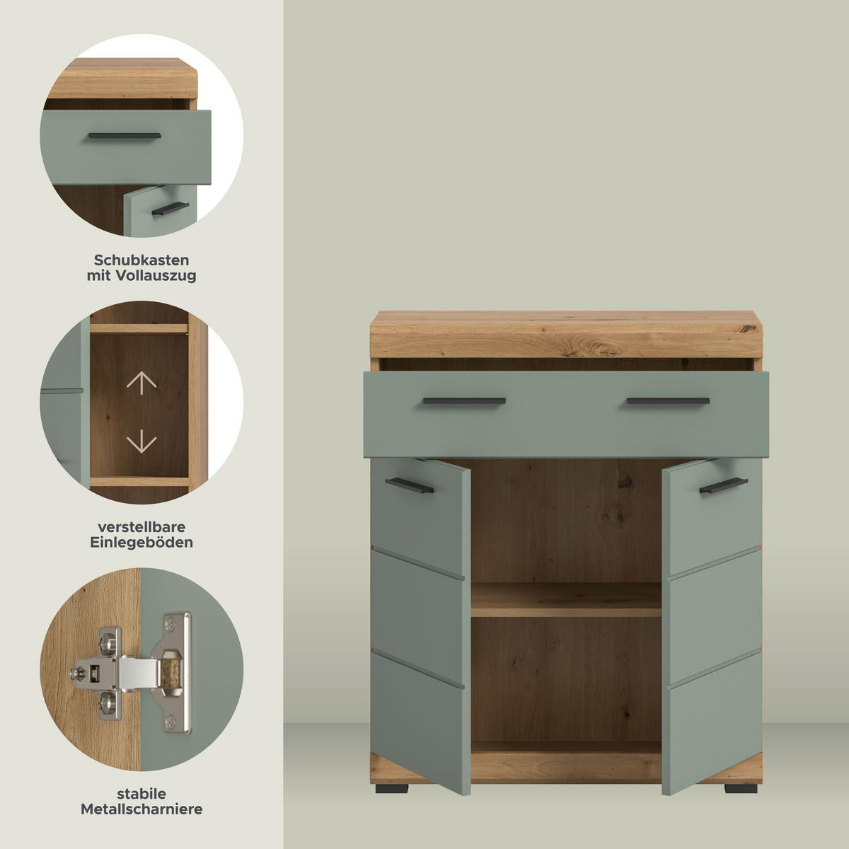 STANDSCHRANK Scout Bad in Artisan Eiche Nachbildung und Salbei Nachbildung B/H/T: 74x88x31 cm - Eiche Artisan, Holz (74/88/31cm)