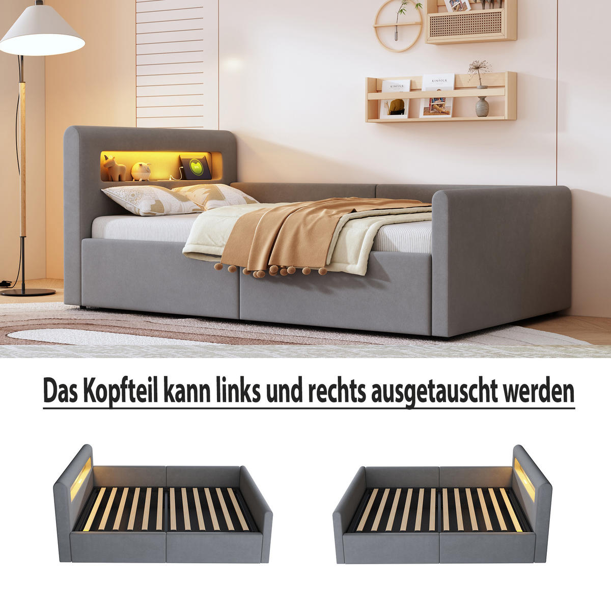 KINDERBETT 90/200 cm in Hellgrau Samt mit Stauraum, LED und USB - Hellgrau, Holzwerkstoff/Textil (90/200cm) - WISHDOR