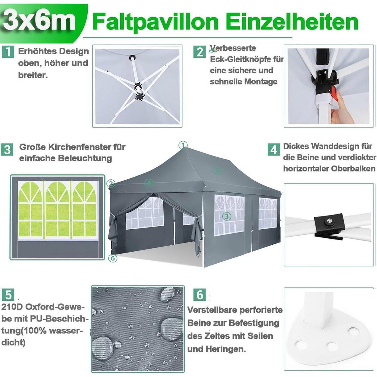 FALTPAVILLON 3x6m Grau Wasserdicht mit 6 Seitenwänden - Grau, Textil (299.7/294.6/599.4cm)