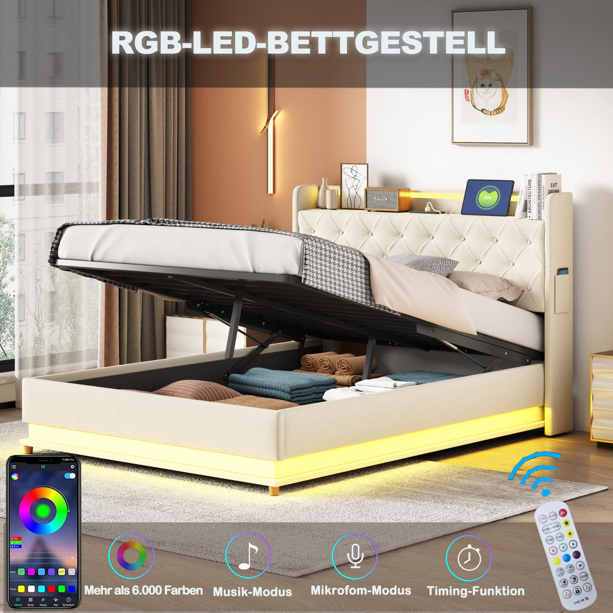 POLSTERBETT 140/200 cm in Beige Leinen mit Bettkasten, LED und USB - Beige, Holzwerkstoff/Textil (140/200cm) - WISHDOR
