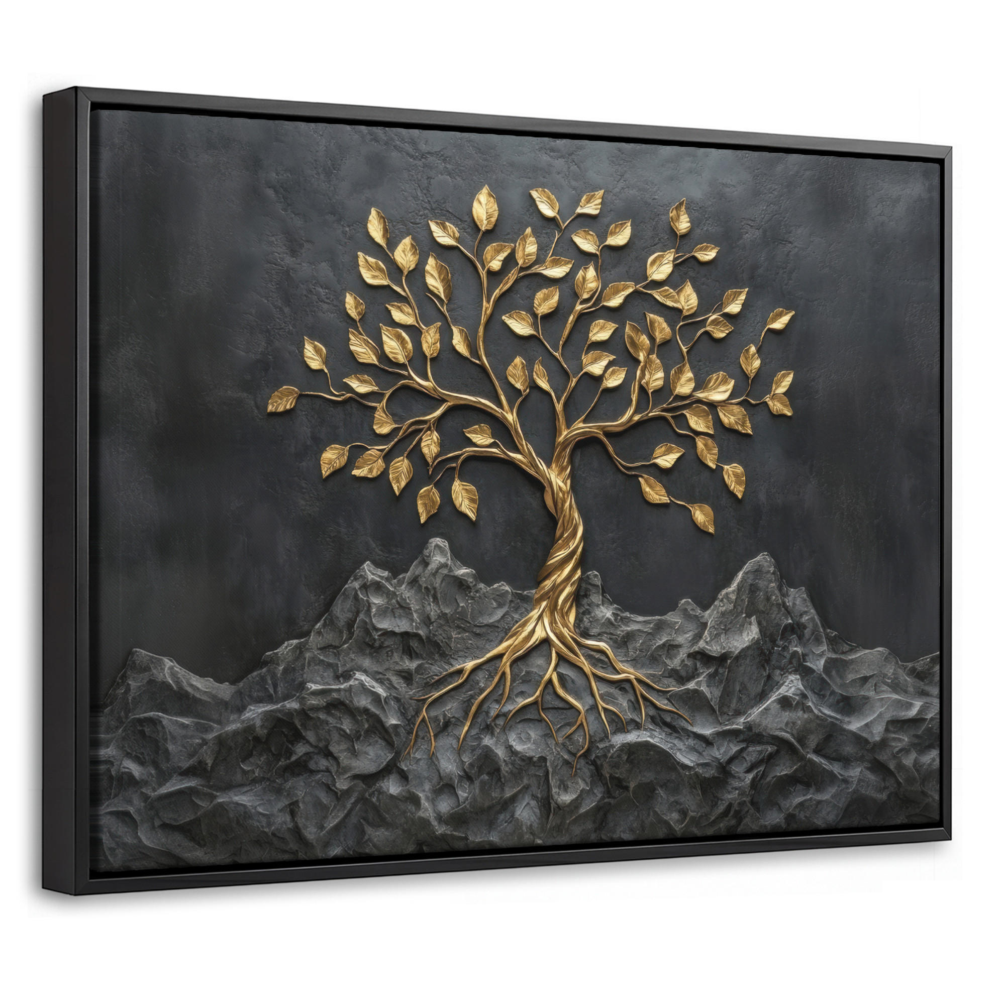 LEINWAND Bilder mit Rahmen - Blätter - Gold - Baum - Fels - 40x30 - Schwarz, Textil (40/30cm) - MuchoWow