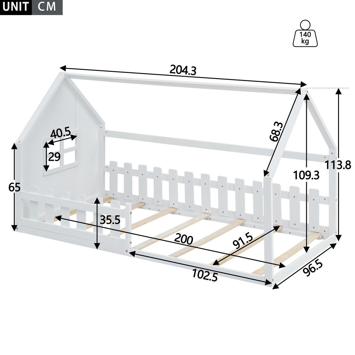 HAUSBETT 90/200 cm Weiß aus Kiefer und MDF – kindgerechtes Design - Weiß, Holz (90/200cm) - Flora Grace