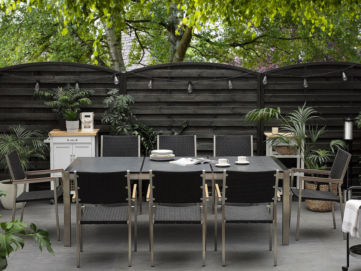 GARTENMÖBEL SET 8-Sitzer Naturstein schwarz geflammt Rattan Grosseto - Silberfarben/Schwarz, Metall - Beliani