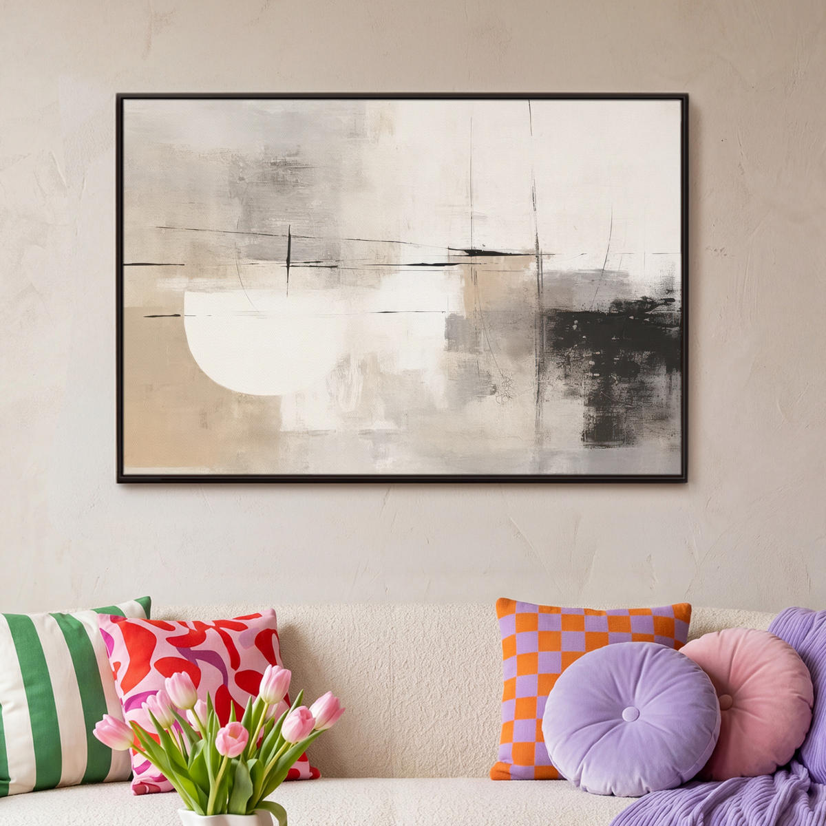 LEINWAND Bilder mit Rahmen - Abstrakt - Kunst - Grau - 90x60 - Hellgrau, Textil (90/60cm) - MuchoWow