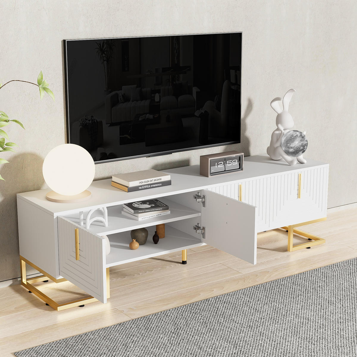 TV-LOWBOARD aus Spanplatte 170x40x45,5 cm Weiß mit 4 Türen und verstellbaren Füßen - Weiß, Holzwerkstoff (200/60/35cm) - IVMEU