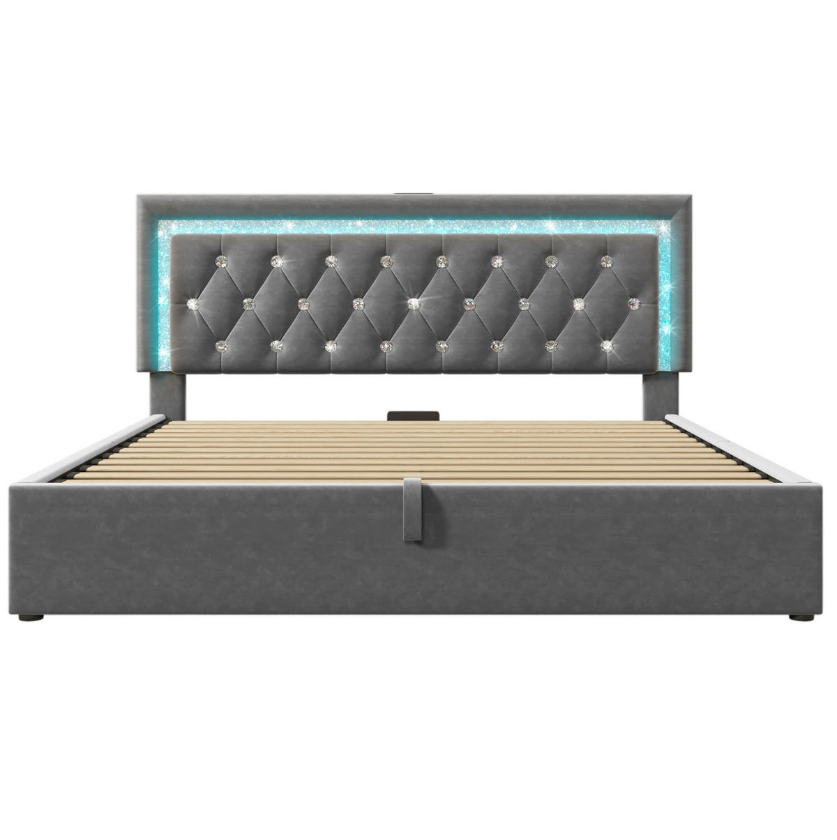SAMT-POLSTERBETT 140/200 cm mit LED-Beleuchtung, Bettkasten und USB/Type-C - Grau, Textil (140/200cm) - BEAOK