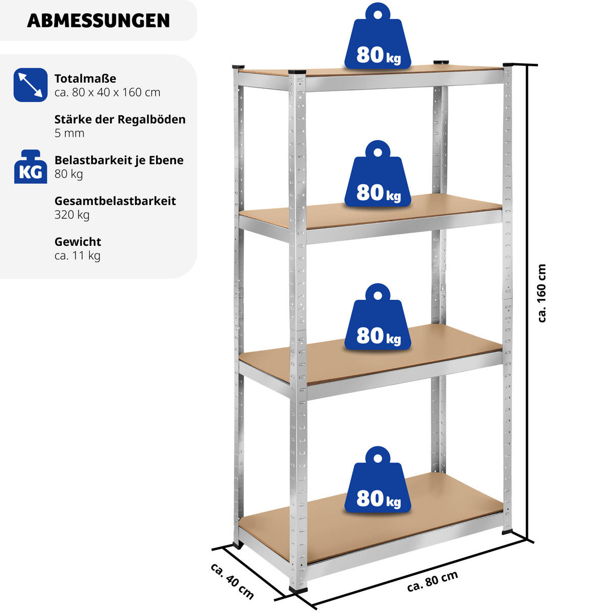 SCHWERLASTREGAL ,schnelle Montage,silber - Silberfarben, Metall (40/160/80cm) - tectake