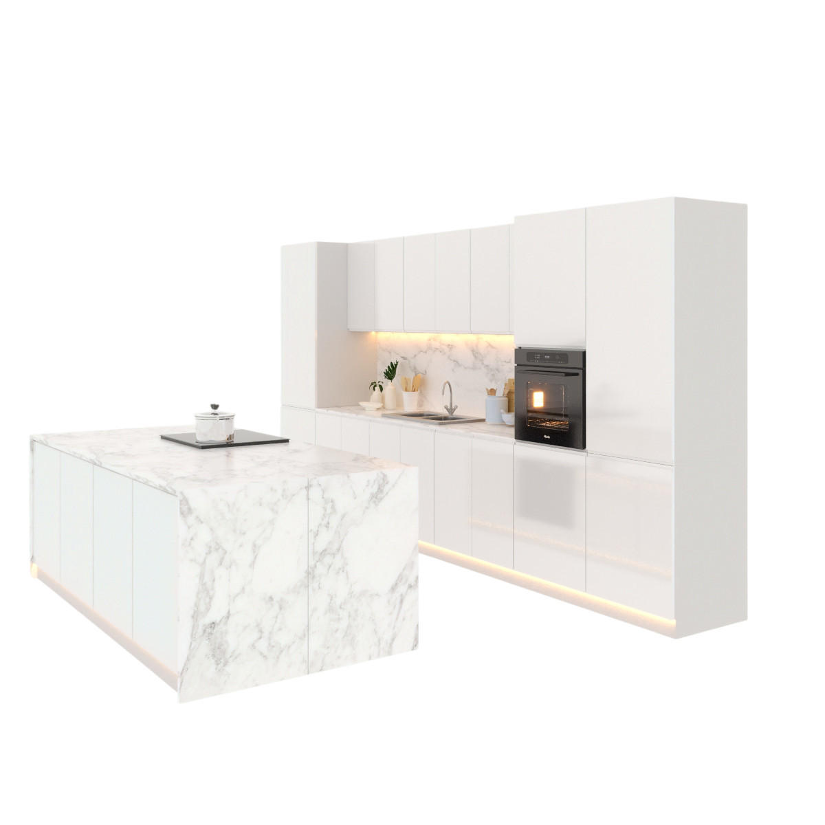 INSELKÜCHE-KÜCHENZEILE 420 cm Glanzia – KU-S13 – Weiß – Hochglanz - Weiß Hochglanz, Holzwerkstoff (420/212/60cm)