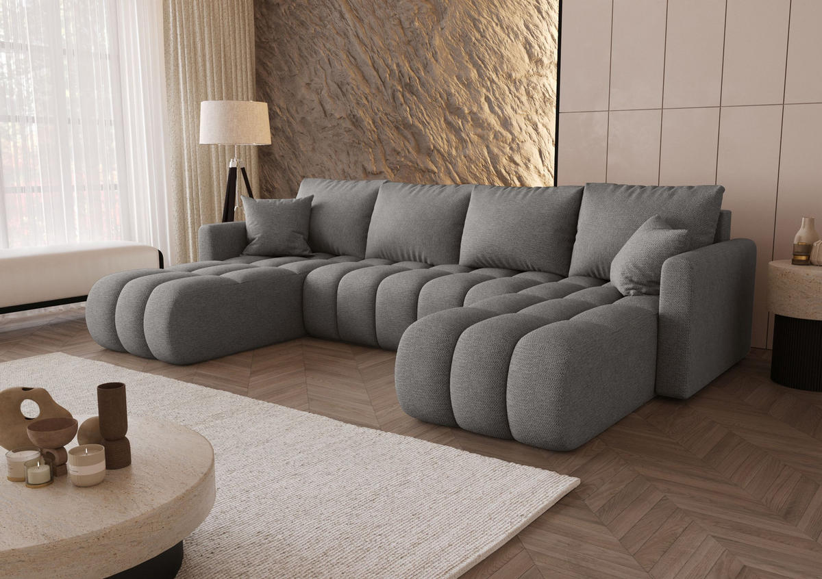WOHNLANDSCHAFT GARDA U-Form hellgrau Strickstoff Aragon 83 - Schlaffunktion, Bettkasten - Hellgrau, Textil (305/88/150cm) - Cornero