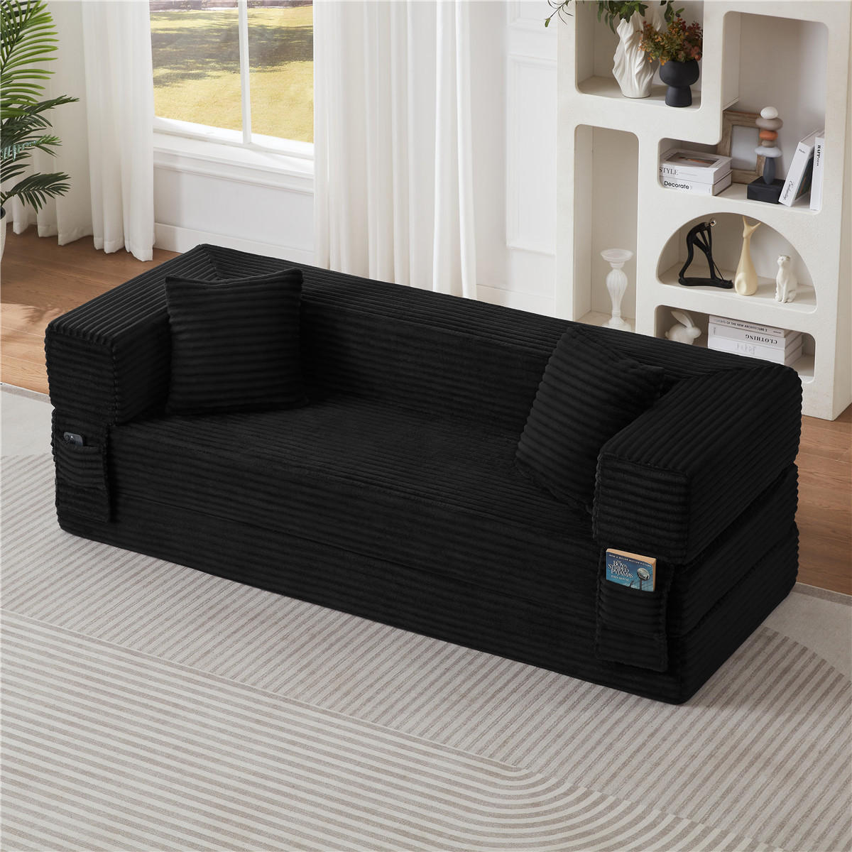 SCHLAFSOFA 2-in-1 Cord Bettsofa mit Liegefunktion, Schwarz - Schwarz, Textil (200/60/76cm) - Kaket