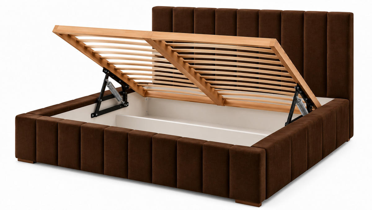 MARPUR Polsterbett NERO 140x200 cm mit Bettkasten und Lattenrost, Dunkelbraun - Chromfarben/Dunkelbraun, Holz/Holzwerkstoff (140/200cm) - Marpur