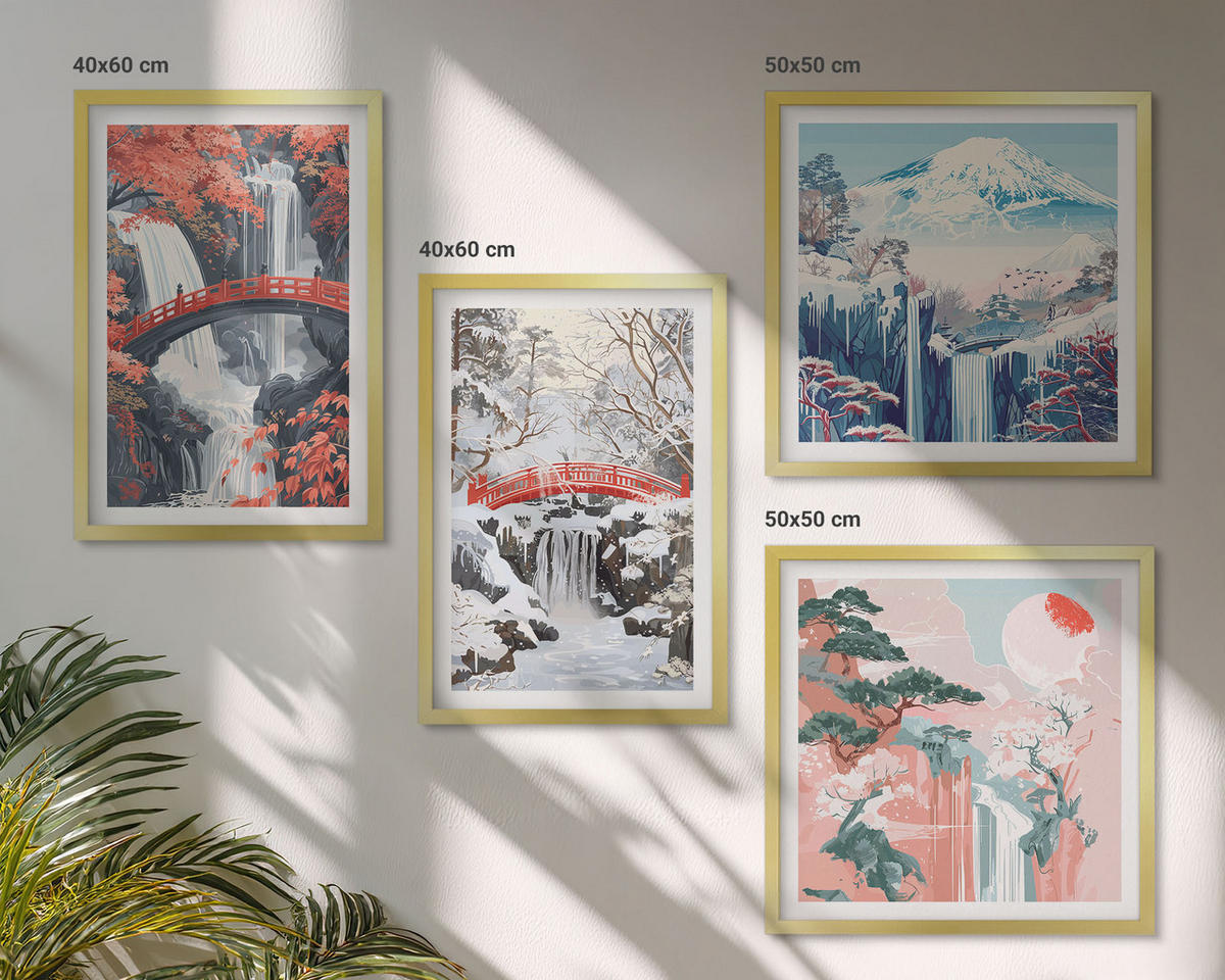 BILDER SET 4er Set - 50x50 cm & 40x60 cm Goldrahmen - Berglandschaften und Wasserfälle - Goldfarben, Kunststoff (50/50cm) - TULUP