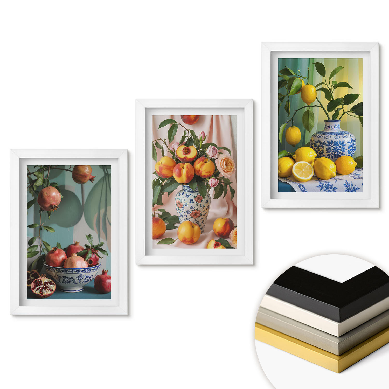 WANDBILDER 3er-Set - 20x30 cm Weißer Rahmen - Granatäpfel, Pfirsiche, Zitronen - Weiß, Kunststoff (20/30cm) - ArtPrintCave
