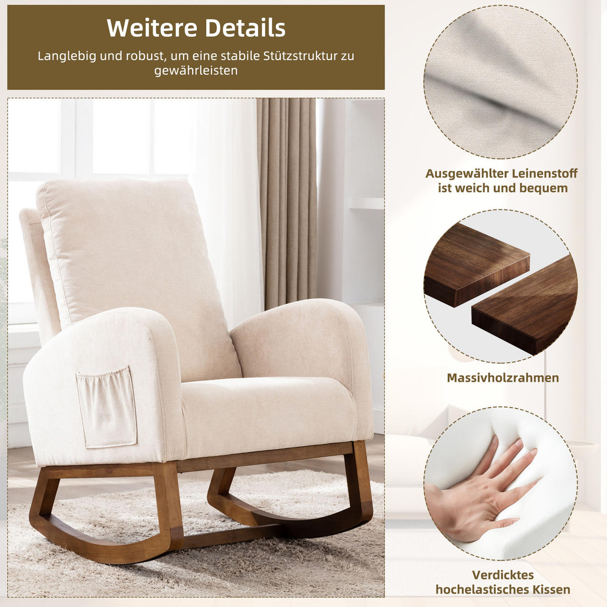 SCHAUKELSTUHL Leinen mit hoher Rückenlehne, Seitentasche 69/94/101 cm Beige bis 150 kg - Beige, Textil (94/101/69cm) - Redom