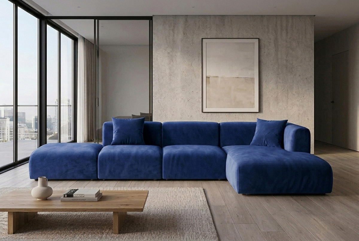ECKSOFA L-Form Mit Hocker, Velvet-Stoff Bluvel, Tintenblau, Rechts, GRETA - Blau, Holz (386/179cm) - Kaiser Möbel