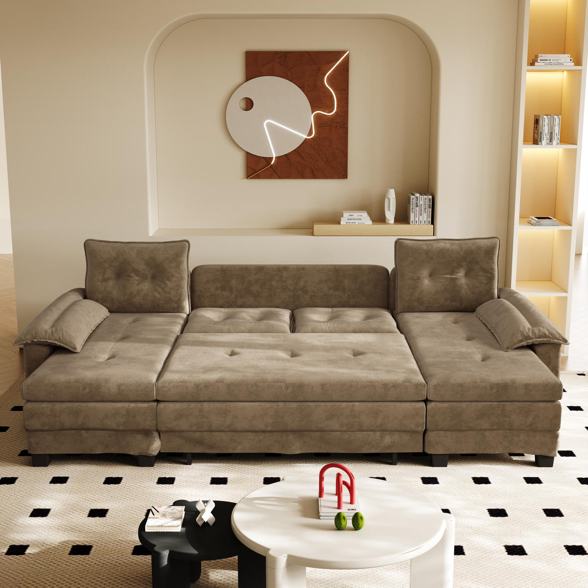 WOHNLANDSCHAFT Khaki 278/127/87 cm 4-Sitzer Modular mit USB-Ladefunktion - Sahara, Textil (278/87/127cm) - PANGIVO
