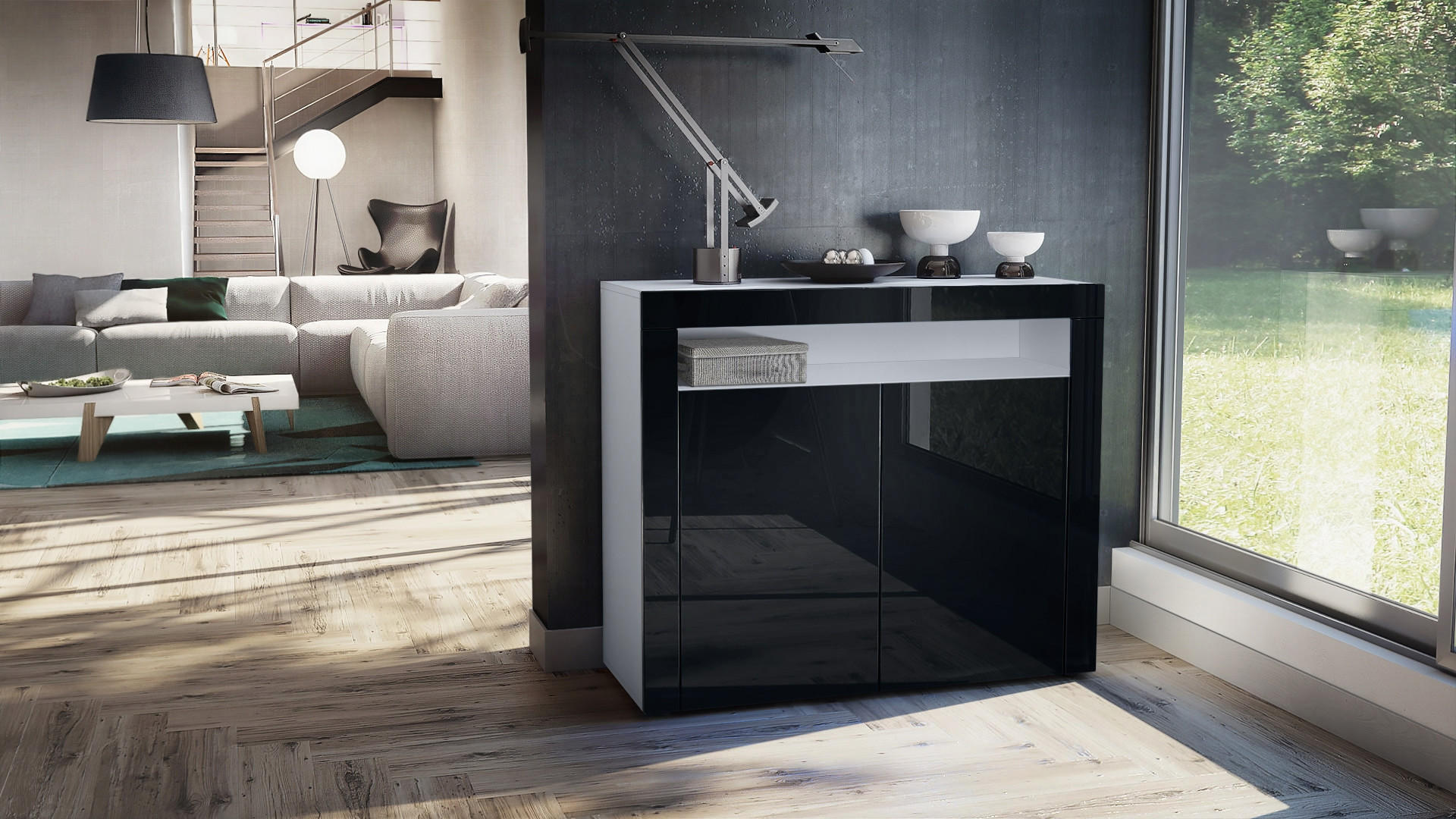 KOMMODE Valencia Schwarz Hochglanz / Schwarz Hochglanz - Schwarz Hochglanz, Holzwerkstoff (108/92/40cm) - Vladon
