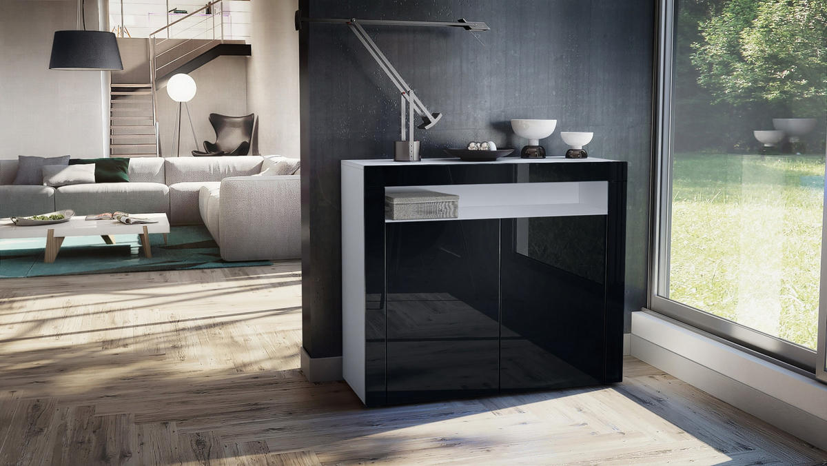 KOMMODE Valencia Schwarz Hochglanz / Schwarz Hochglanz - Schwarz Hochglanz, Holzwerkstoff (108/92/40cm) - Vladon