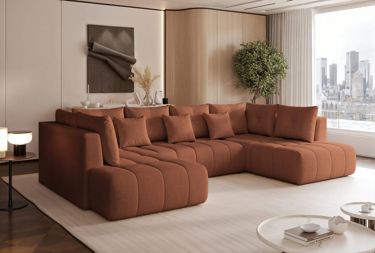 WOHNLANDSCHAFT STONE mit Schlaffunktion und Bettkasten, Stoff Braun - Braun, Kunststoff/Textil (350/91/190cm) - Idohome