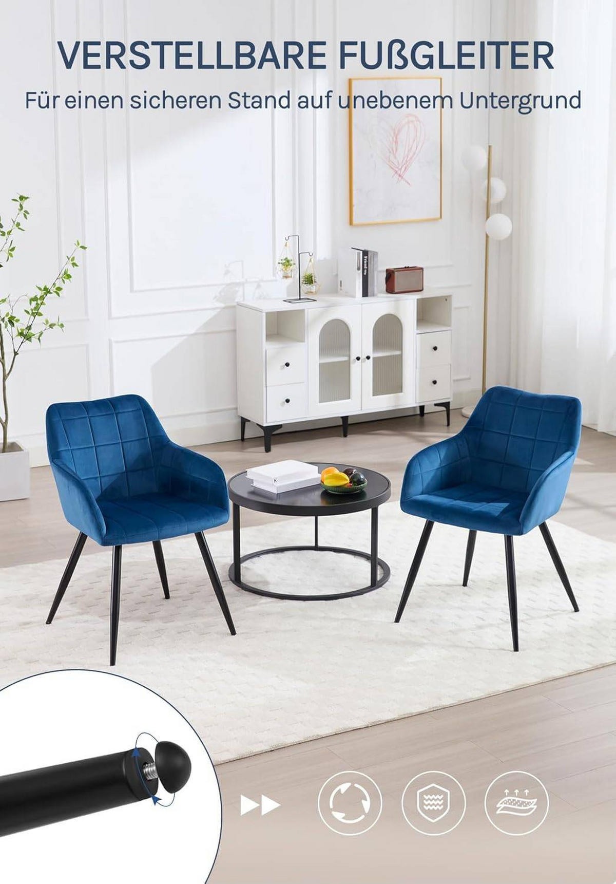 ESSZIMMERSTUHL 6er Set, Küchenstühle mit Armlehnen Metallbeinen - Blau/Schwarz, Textil/Metall (56/81/62cm) - Woltu