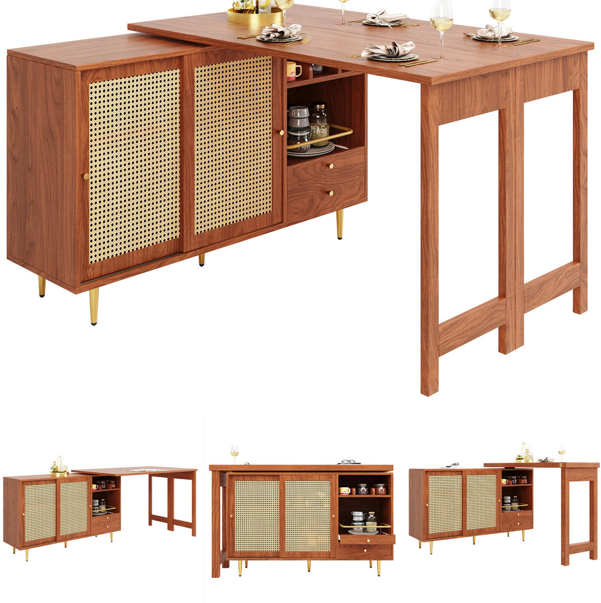 BARTISCH 107/40/71,4 cm Braun drehbar aus MDF mit ausziehbarer Tischplatte und Stauraum - Braun, Holzwerkstoff (187/40/76cm) - OKWISH