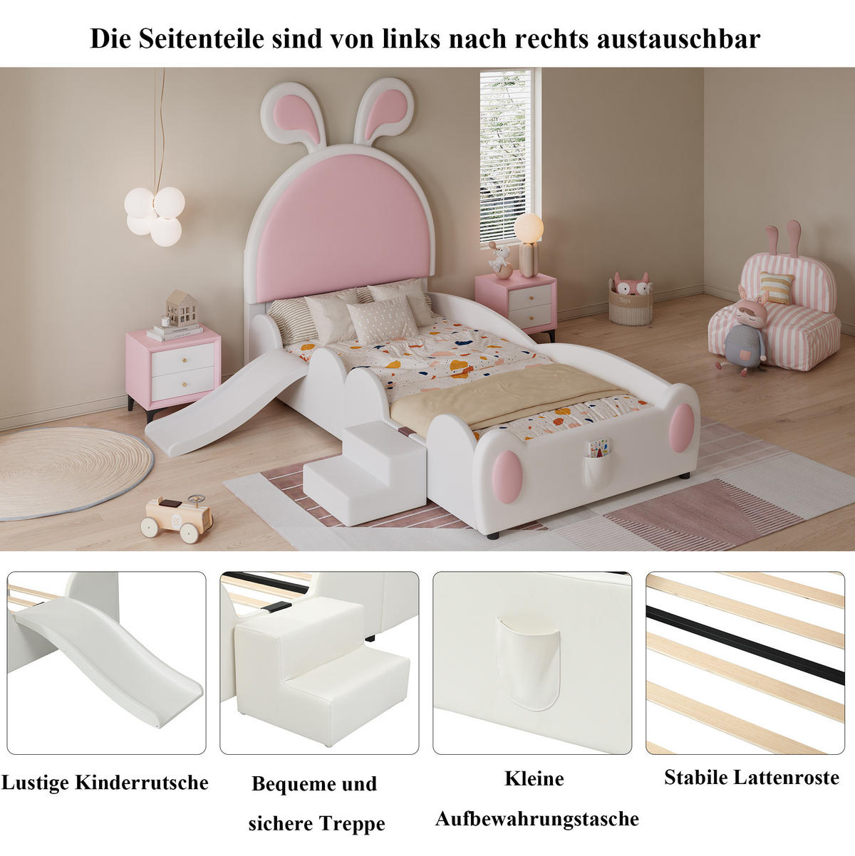 KINDERBETT 90/200 cm mit Rutsche, Treppe und Hasenohren-Kopfteil aus PU, Weiß/Rosa - Rosa, Kunststoff (90/200cm) - Redom