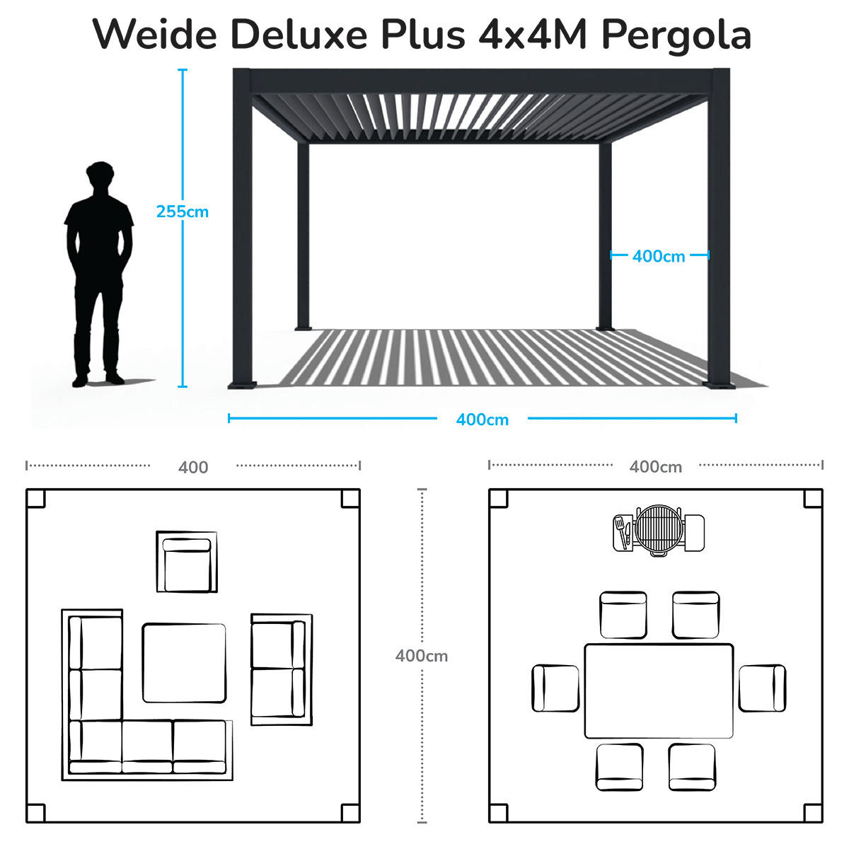 PERGOLA Deluxe Plus Pavillon Terrassenüberdachung Aluminium 4 x 4 m anthrazit - Anthrazit, Metall (400/255/400cm) - WEIDE