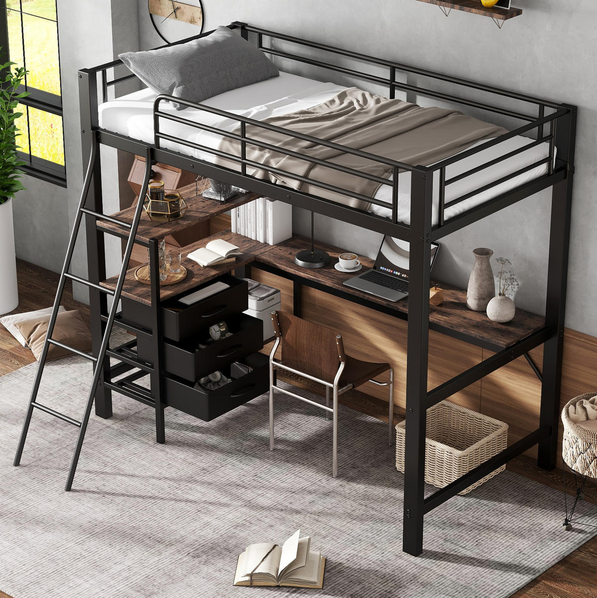 HOCHBETT 90/200 cm in Schwarz mit 2 m Schreibtisch und 3 Schubladen - Schwarz, Metall (90/200cm) - Flora Grace