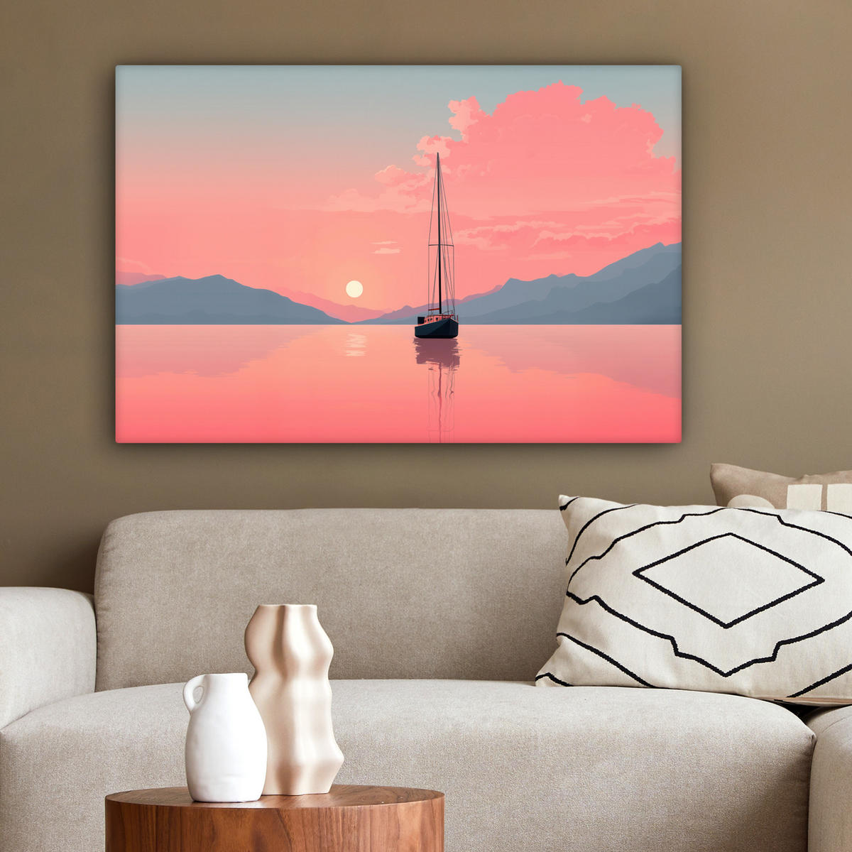 LEINWANDBILD Segelboot - Rosa Meer - Sonnenuntergang - Berge Wanddeko 90x60 cm - Rosa, Textil (90/60cm) - MuchoWow