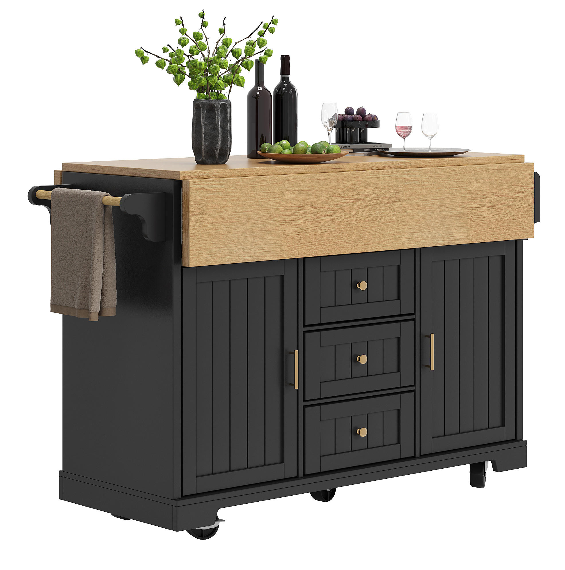 Modfu KUCHYŇSKÝ ostrůvek z MDF a kovu 120x40x95 cm černý na kolečkách, oboustranně sklopný se 3 zásuvkami a 2 dvířky