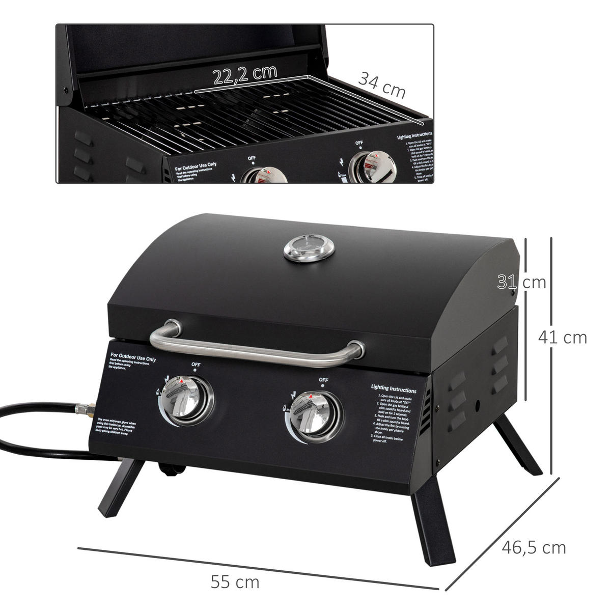 GASGRILL BBQ mit 2 Brennern mobil Edelstahl Schwarz 55 x 46,5 x 41 cm - Schwarz, Metall (46.5/41/55cm) - Outsunny