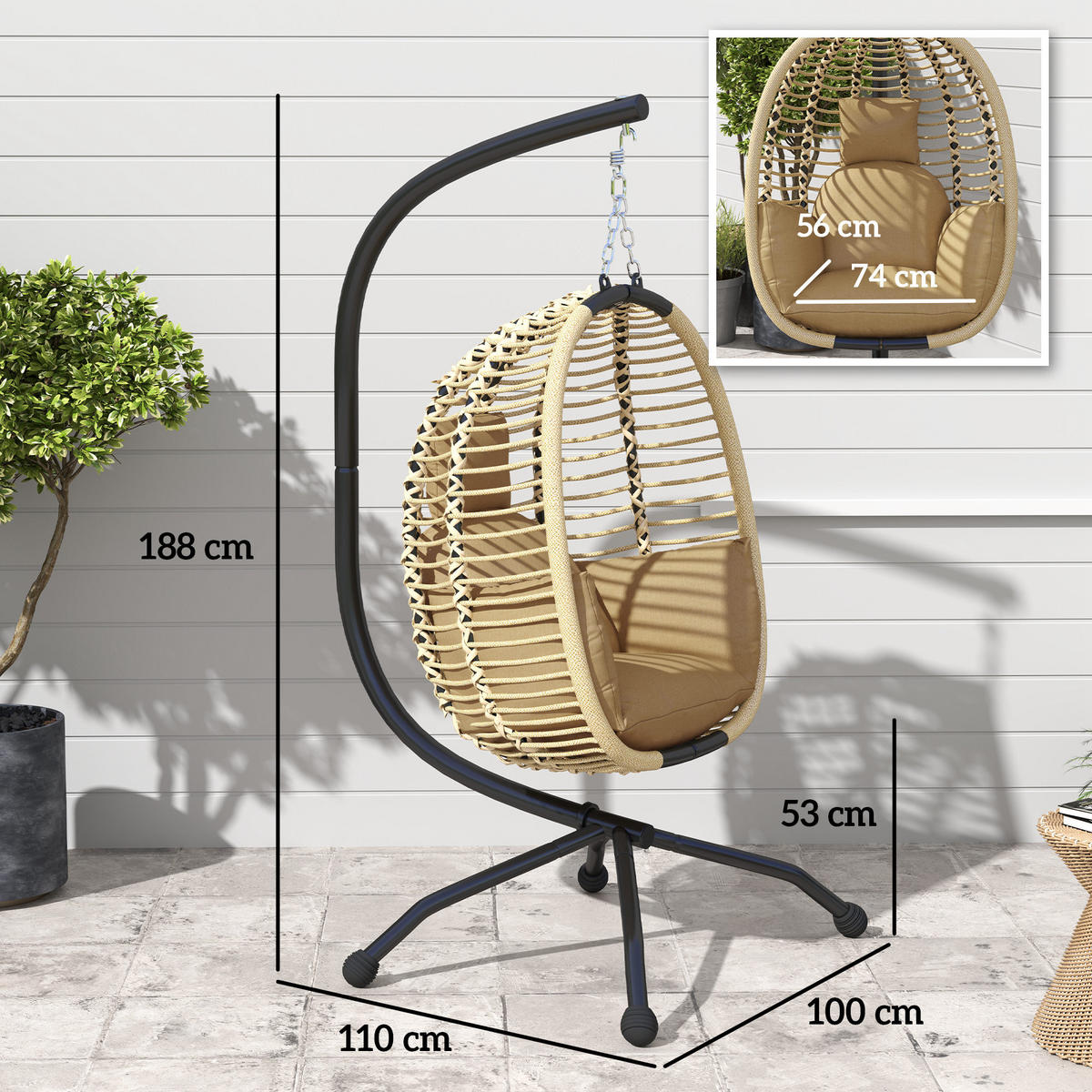 HÄNGESESSEL faltbar mit waschbarem Sitz Beige - Beige, Textil/Metall (100/188/110cm) - Outsunny