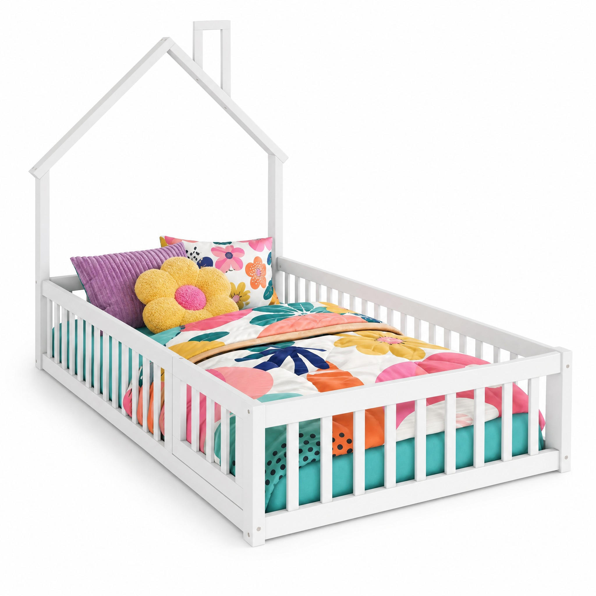 KINDERBETT 90/200 cm in Weiß mit Sicherheitsgitter und Lattenrost aus Kiefernholz im Hausbett-Design - Weiß, Holzwerkstoff (90/200cm) - STILVORA