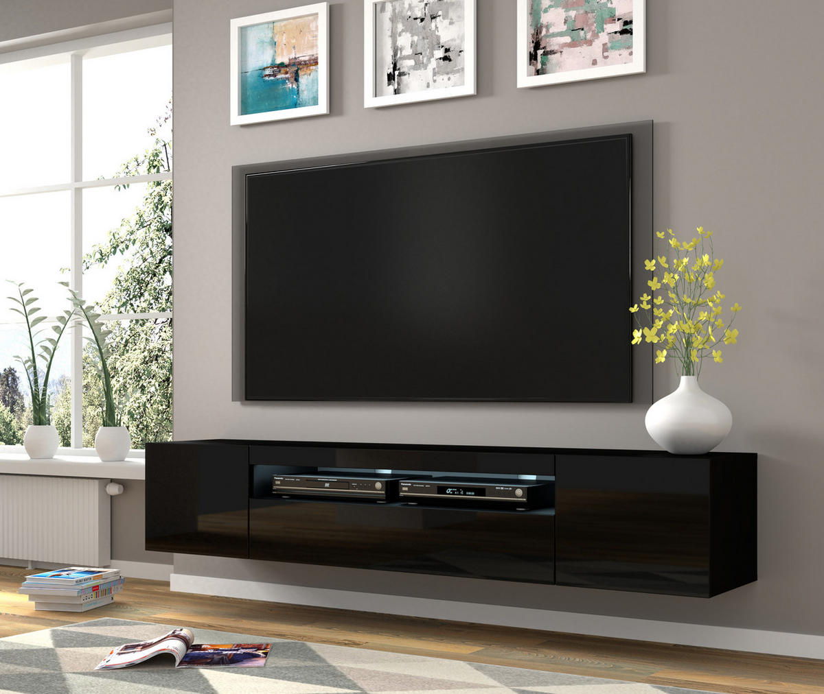 TV LOWBOARD Schwarz matt, Schwarz Hochglanz 200/42/37 - Schwarz Hochglanz, Holzwerkstoff (200/42/37cm) - RAUMHIRSCH FURNITURE