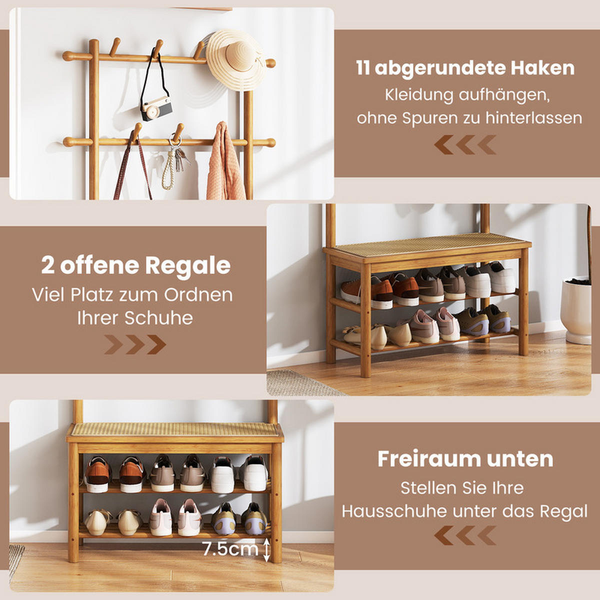GARDEROBENSTÄNDER mit Schuhbank natur - Naturfarben, Naturmaterialien (71/169.5/30cm) - COSTWAY