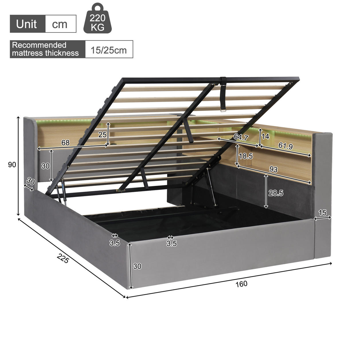 TAGESBETT 140/200 cm mit hydraulischem Stauraum, LED, USB- und Type-C-Anschluss sowie Samtbezug, Grau - Grau, Textil (140/200cm) - Redom