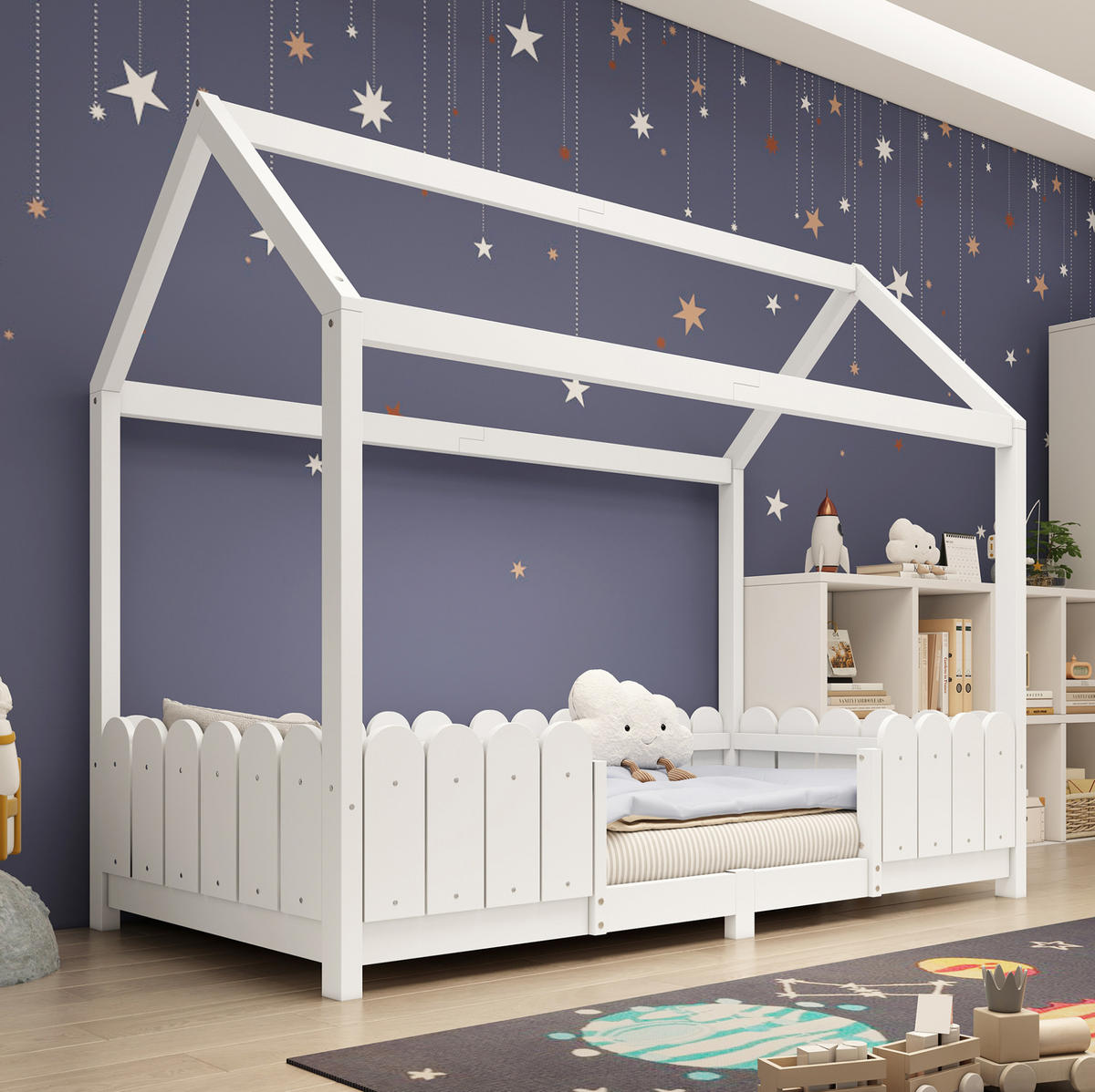 HAUSBETT 90/200 cm in Weiß – mit Dach und Rausfallschutz - Weiß, Holz (90/200cm) - BEAOK