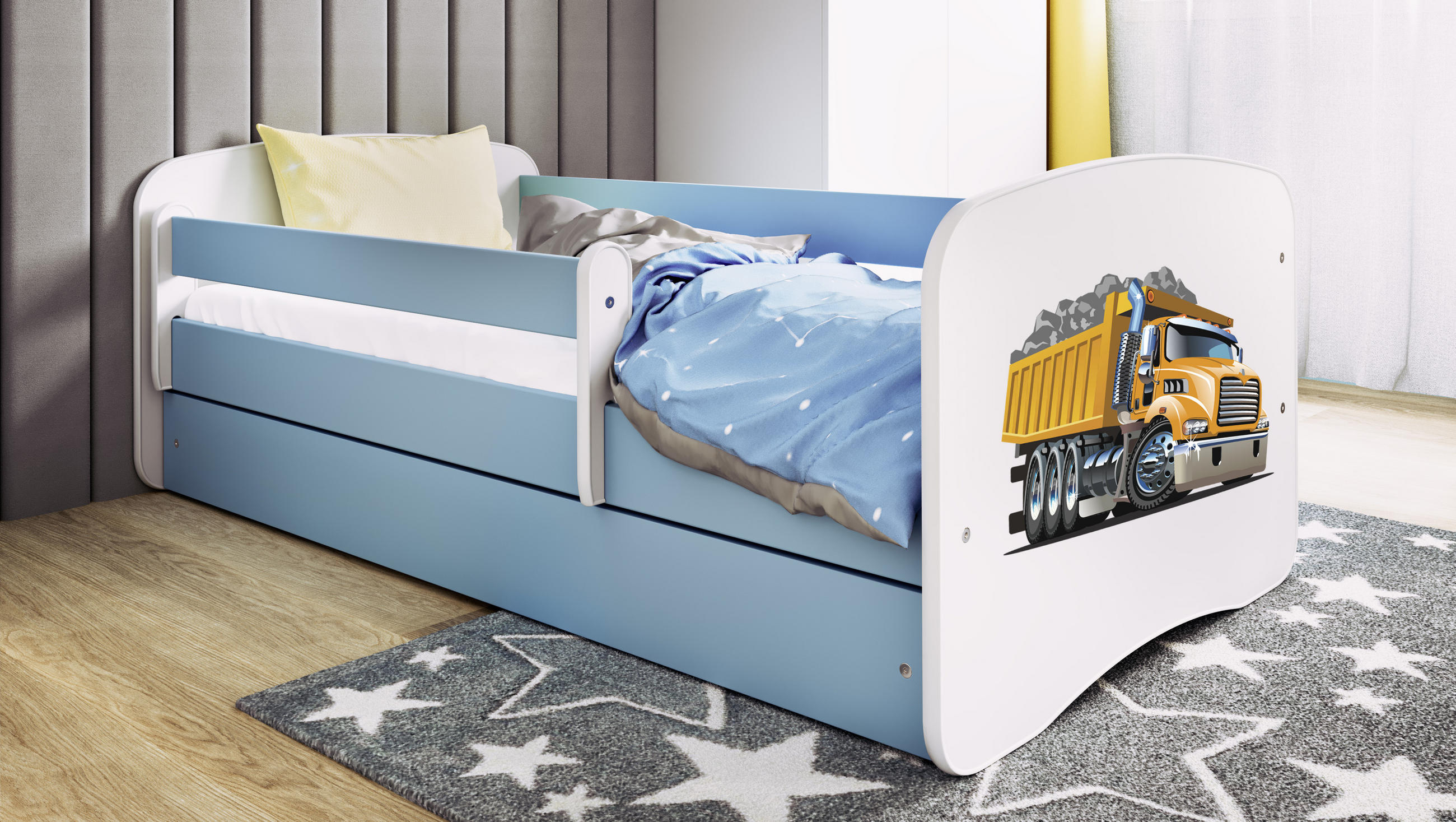 KINDERBETT Lastwagen 70x140 cm mit Schublade, Rausfallschutz & Lattenrost, Blau - Blau, Holzwerkstoff (70/140cm) - RAUMHIRSCH FURNITURE