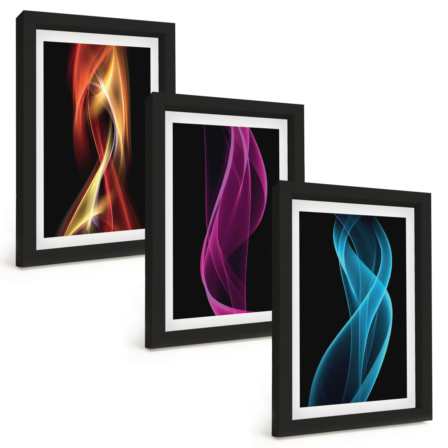 BILDER SET 3er Set - 20x30 cm Schwarzer Rahmen - Neonwellenlinien auf dunklem Hintergrund - Schwarz, Kunststoff (20/30cm) - TULUP