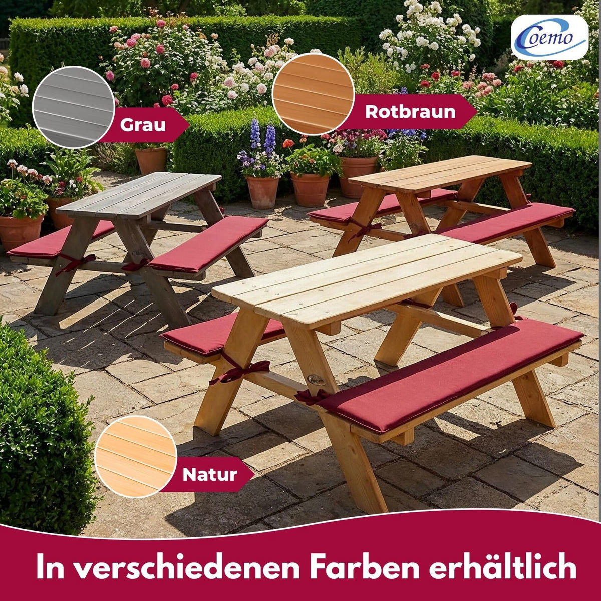 KINDERSITZGRUPPE GARTEN Holz mit Sitzauflagen Farbe Rotbraun 89/79/50 cm - Braun, Holz (79/50/89cm) - Coemo