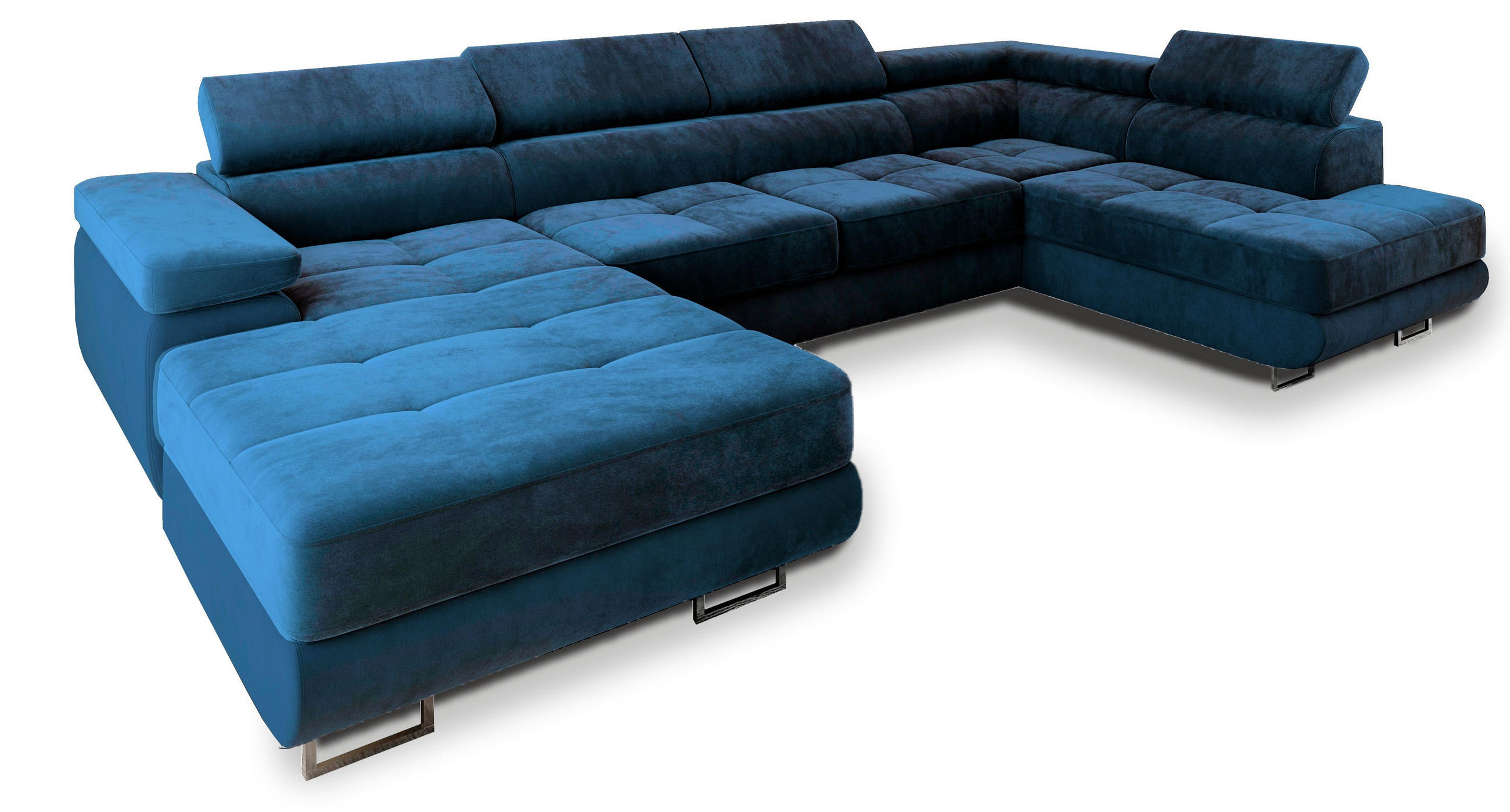 WOHNLANDSCHAFT CASONE R-S Blau Velours-Stoff mit Schlaffunktion - Blau, Holz (345/90/202cm) - MASSENO
