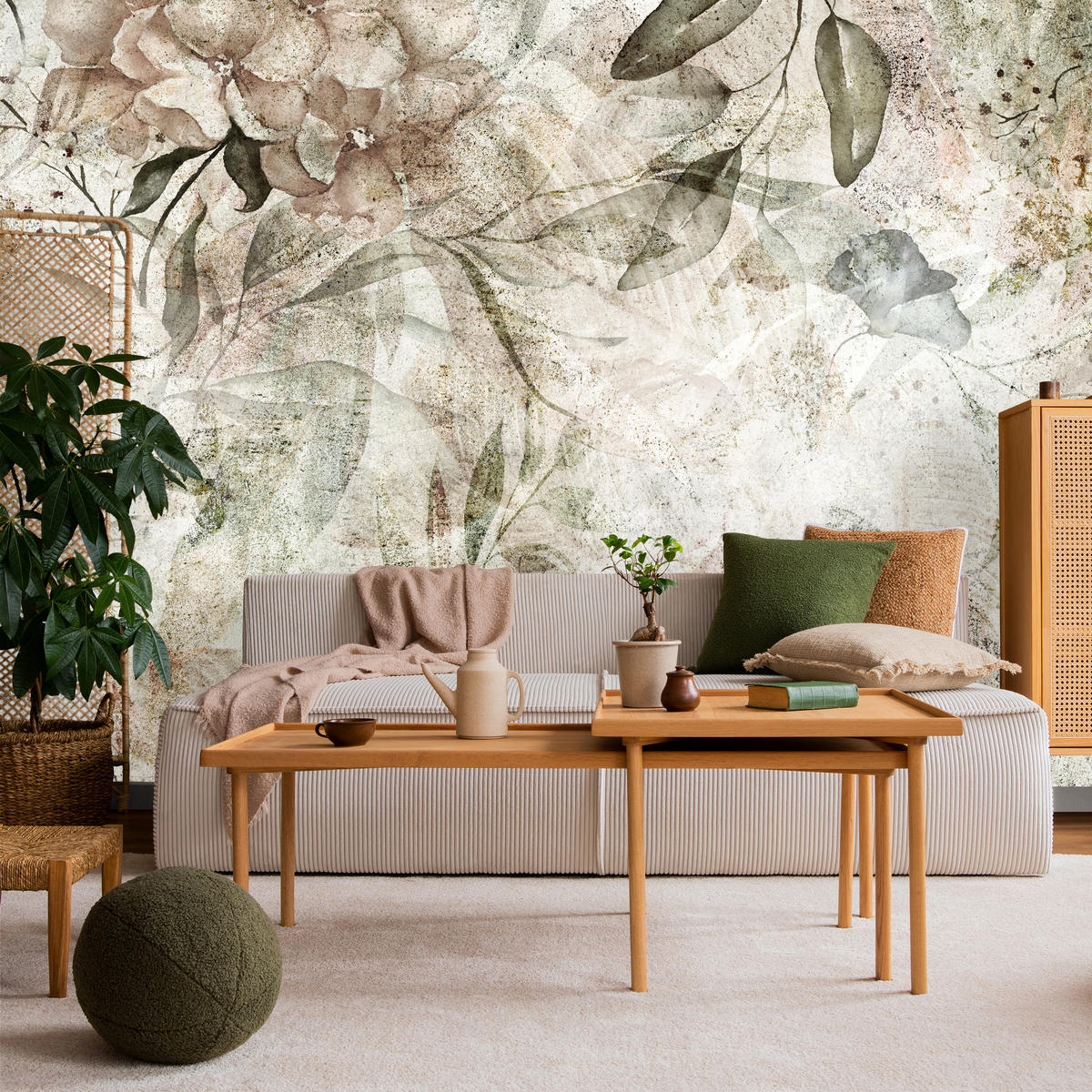 FOTOTAPETE für Schlafzimmer Retro Blumen Blätter Beton Abstrakt Vintage 200x140 - Beige/Braun, Papier (200/140cm) - Muralo