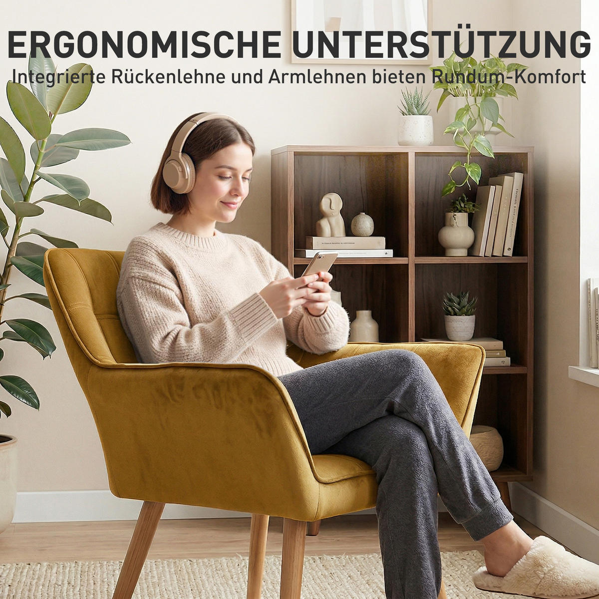 ARMLEHNENSTUHL DE-06807 Skandi Design mit Samtoptik und Kautschukholzbeinen Gelb - Gelb, Holz/Textil (61.5/71/67cm) - ComfortXL