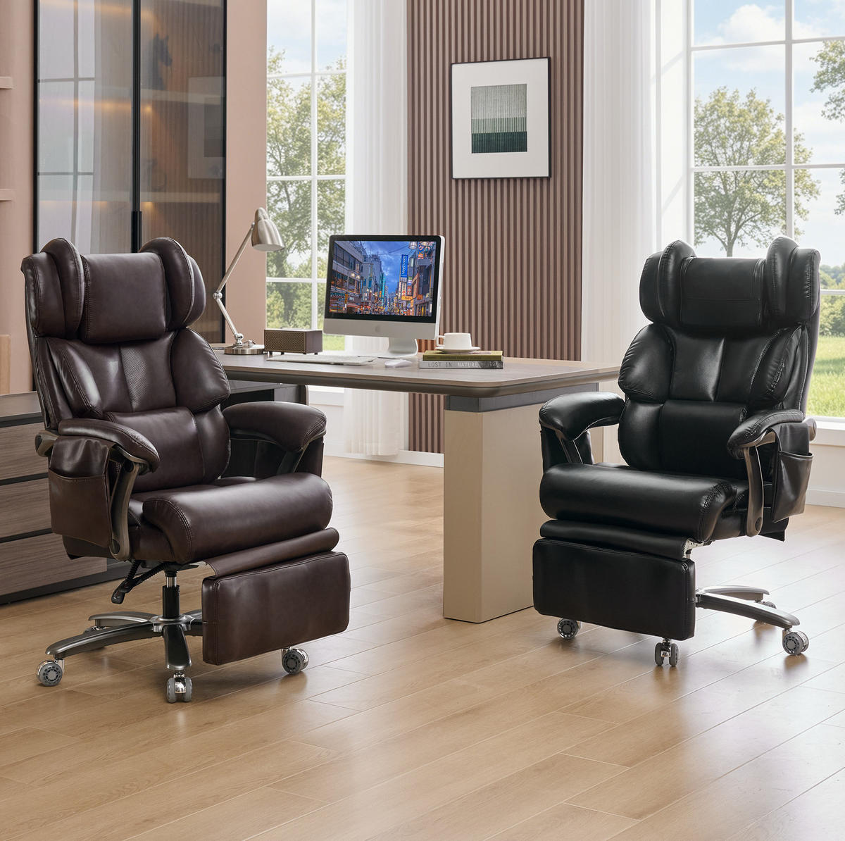 BÜROSTUHL mit Massage- und Heizfunktion PU-Leder Black - Schwarz, Kunststoff (76.5/121.5/85.5cm) - Meubliv