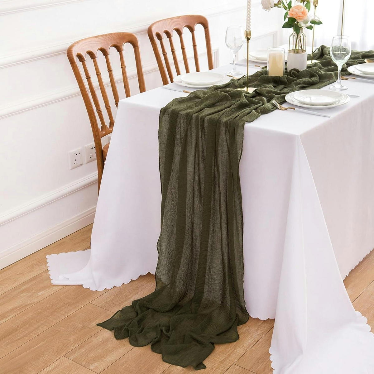 TISCHLÄUFER Musselin Olivgrün 80 x 400 cm - Olivgrün, Textil (400/80/1.5cm)