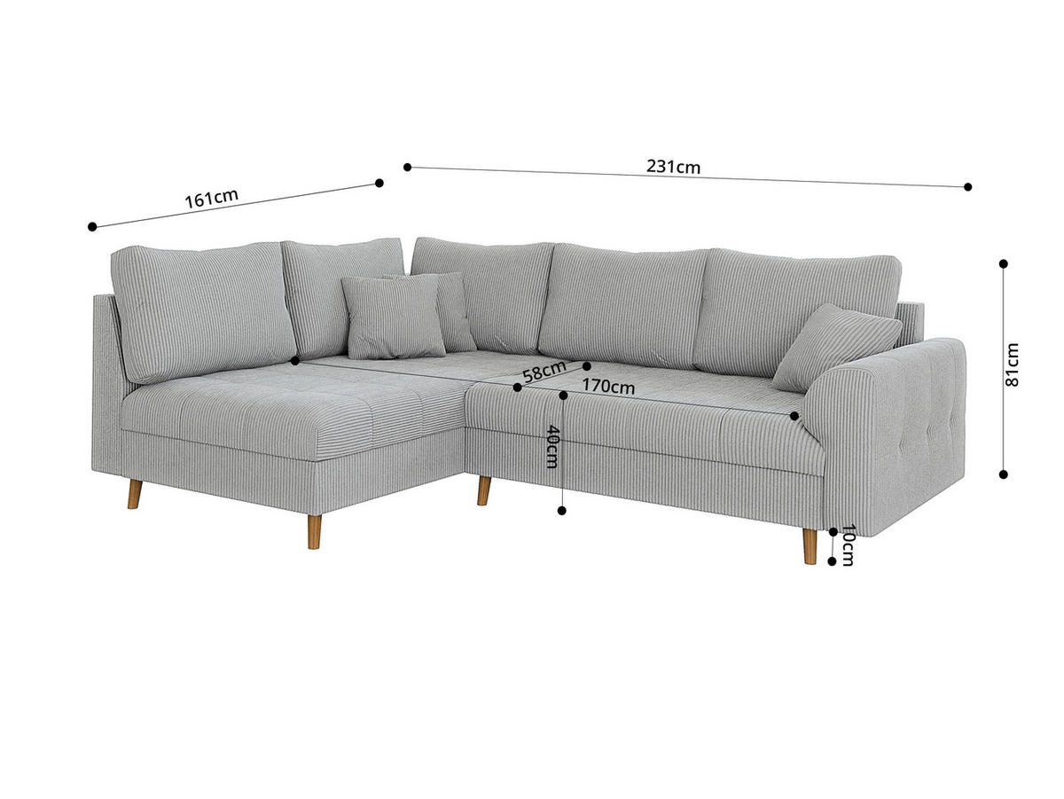 ECKSOFA inkl. Hocker Alma Hellgrau Cord - Ottomane links - Hellgrau/Braun, Holz/Textil (231/161cm) - S-Style Möbel