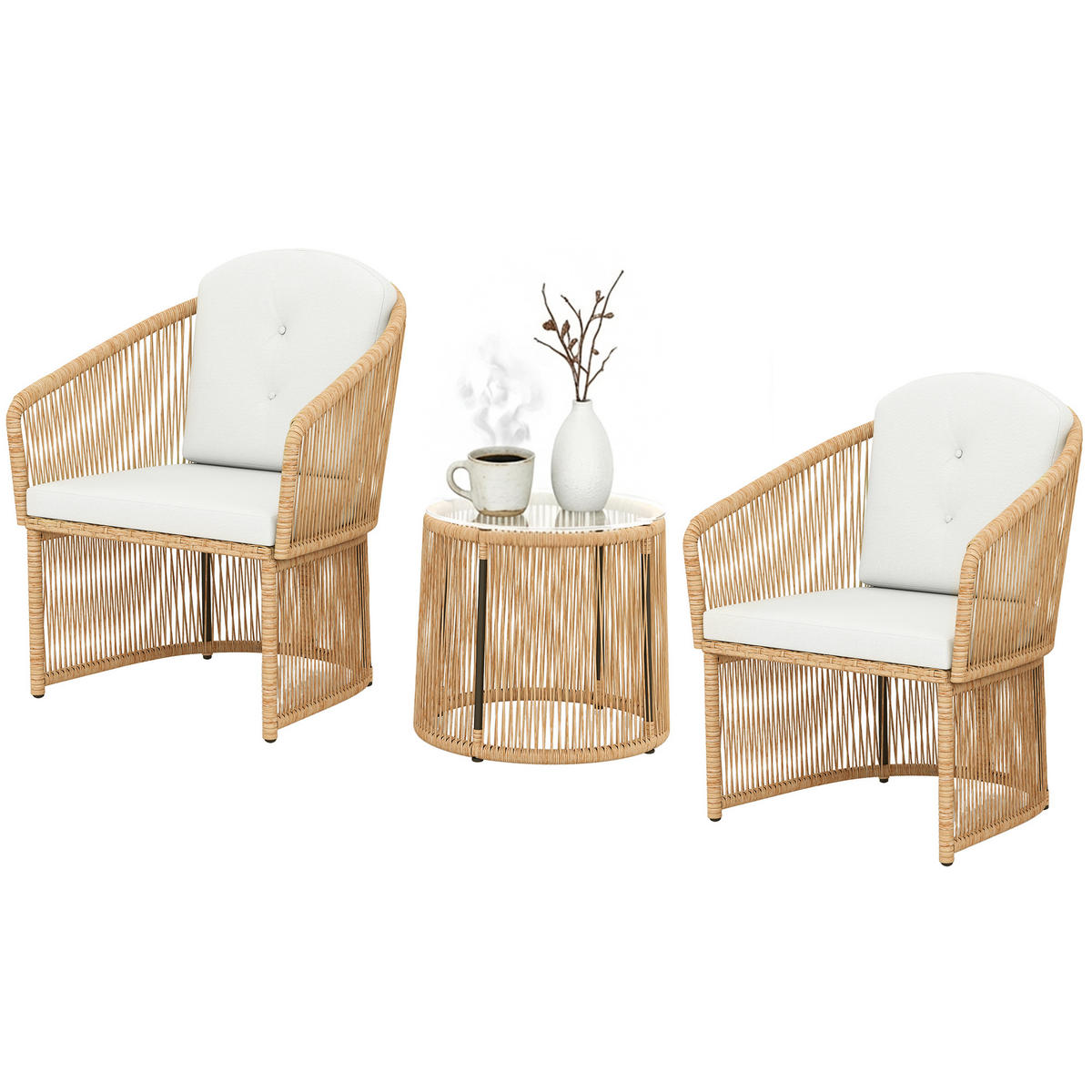BISTRO-SET DE-06757 3-teilig, runder Glastisch & Kissen Cremeweiß - Creme, Kunststoff/Metall - ComfortXL